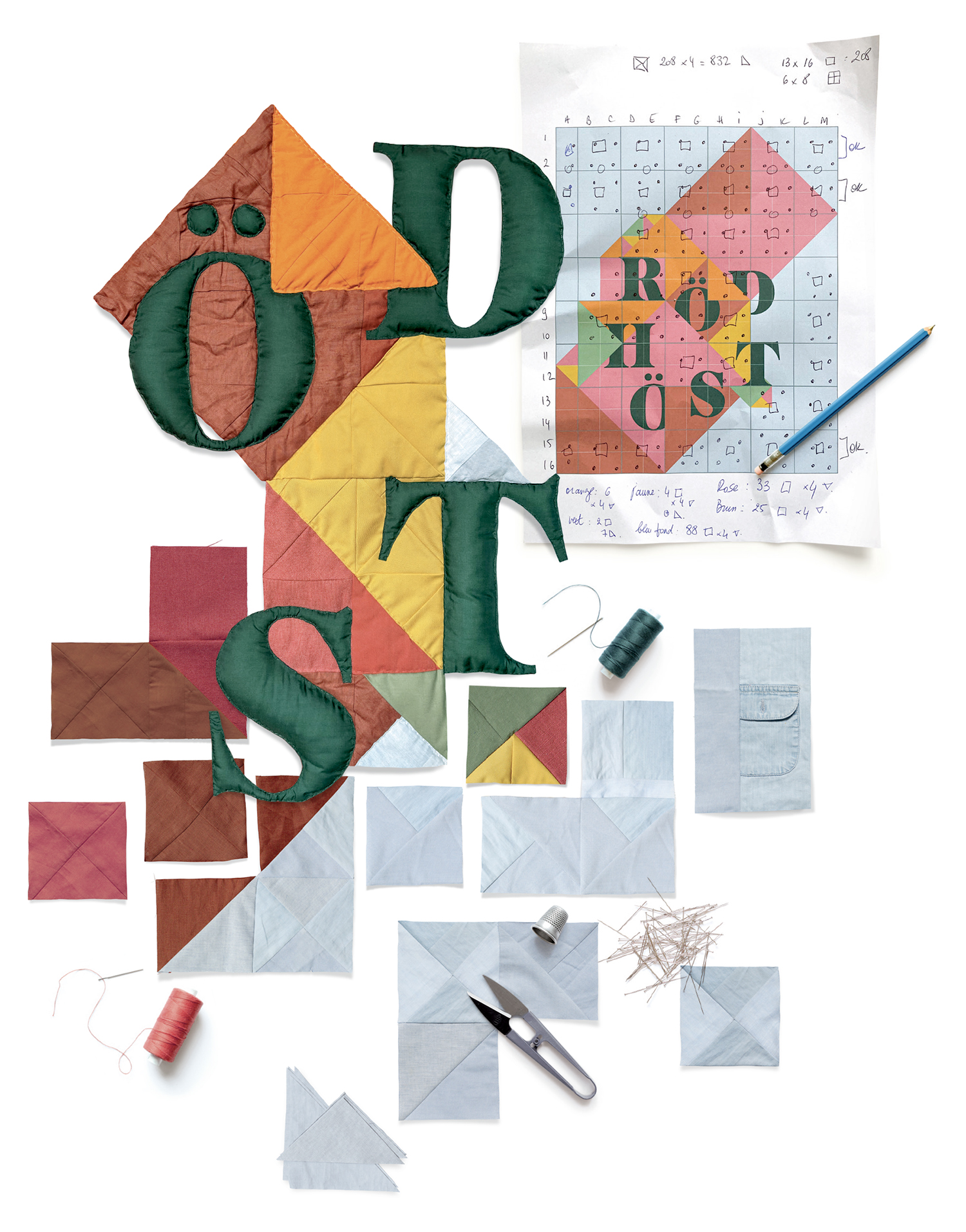 Set of textile elements, diagram and tools used to create a patchwork – contemporary textile art by Pénélope Westberg