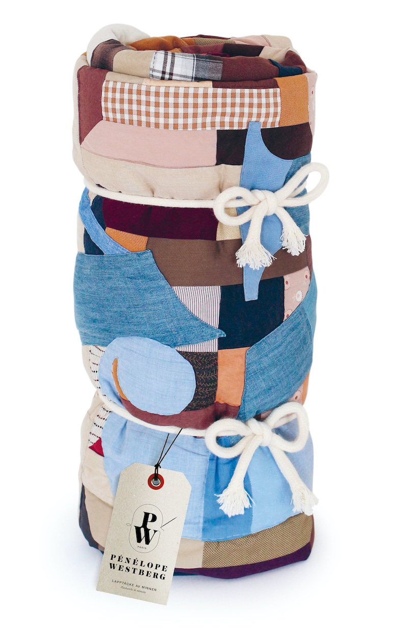 Brown and blue patchwork ready-to-ship with label – fine artisan craftsmanship by Pénélope Westberg