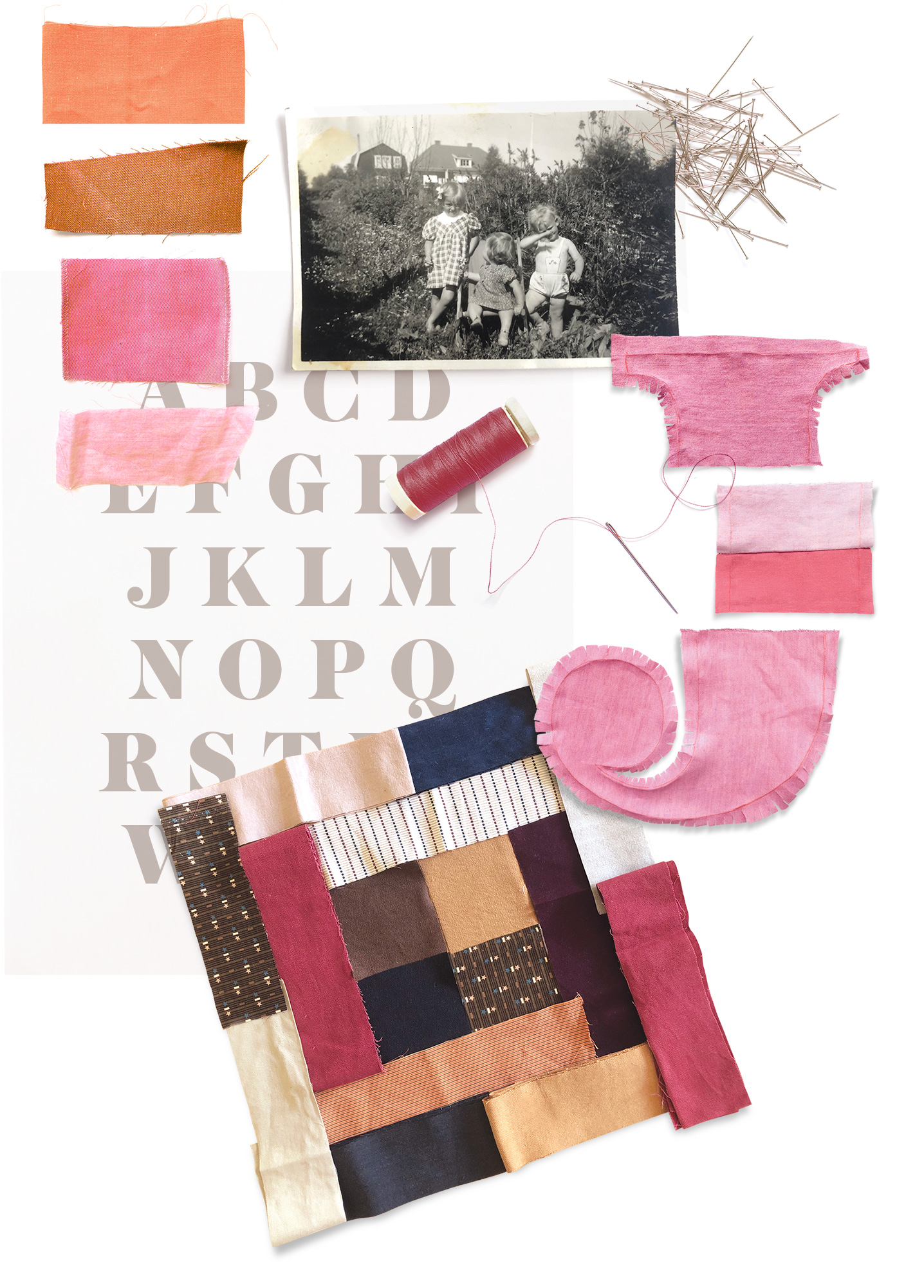 Pink and brown inspiration elements with childhood photo and typography – custom textile artwork by Pénélope Westberg
