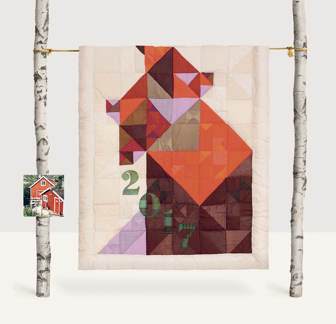 Brown, red, and orange patchwork wall hanging on beige background – set design by Pénélope Westberg