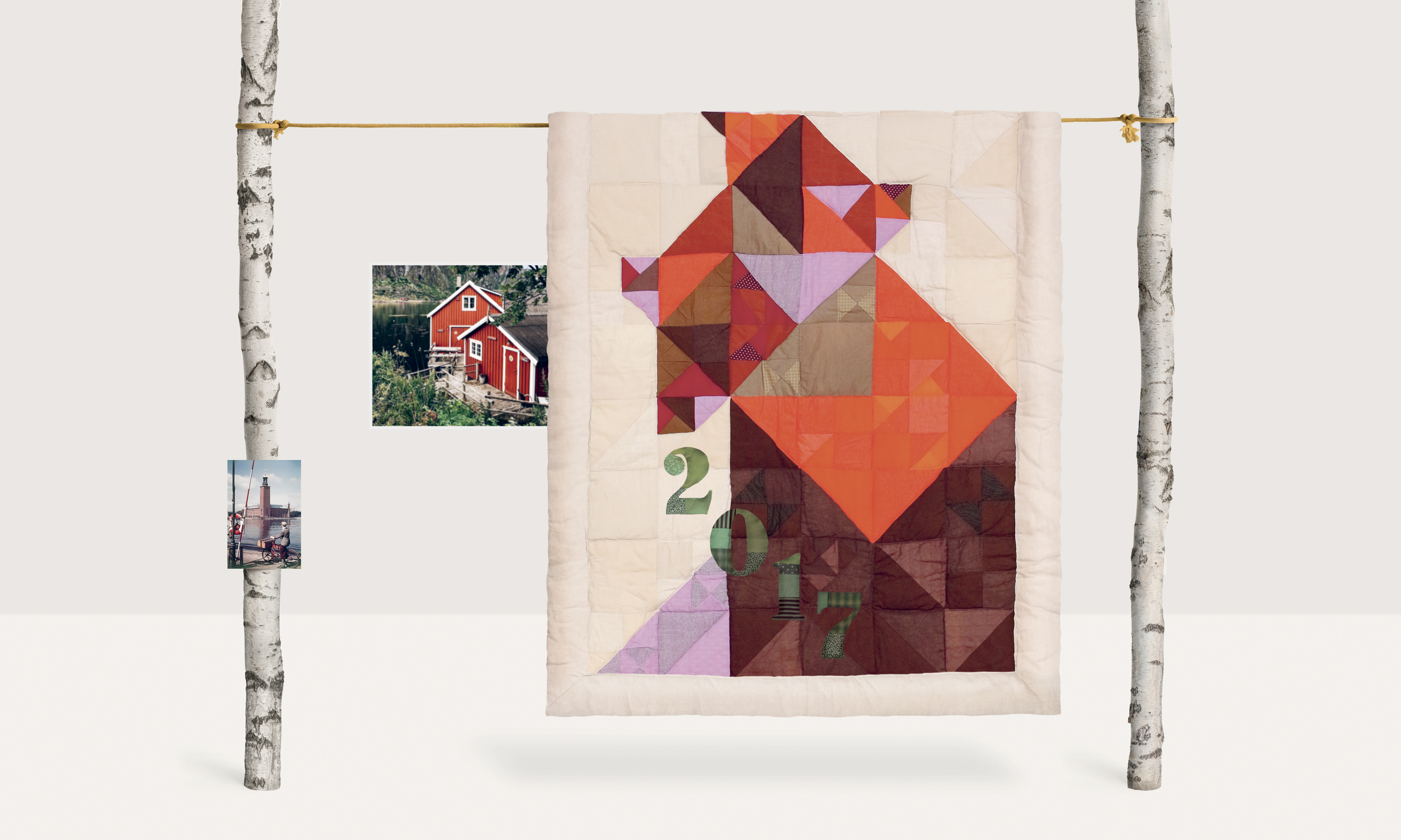 Brown, red, and orange patchwork wall hanging on beige background – set design by Pénélope Westberg
