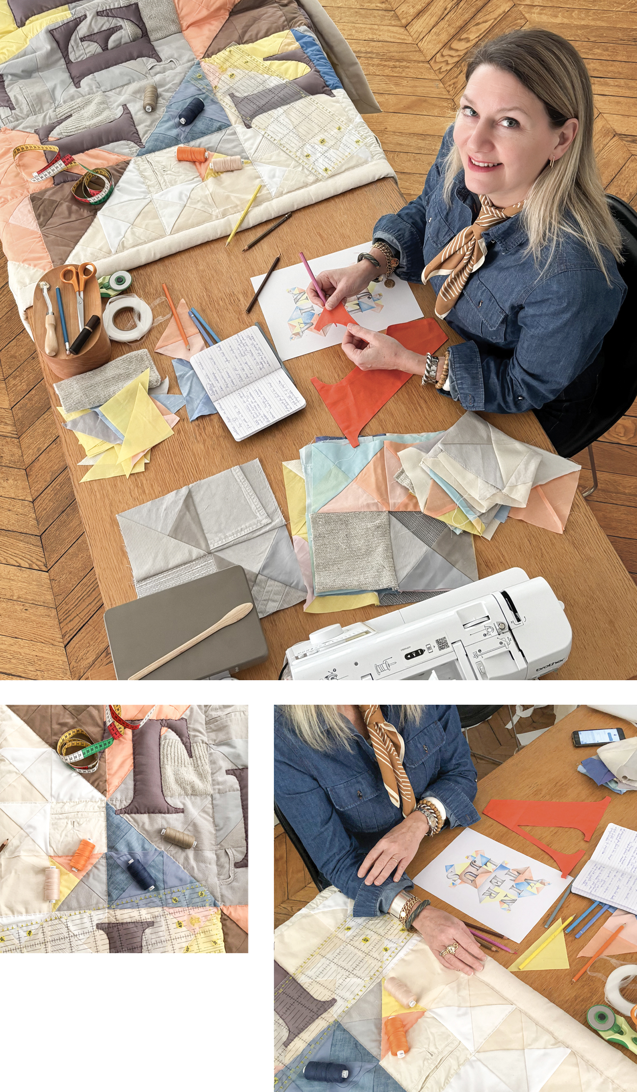 Portrait de l’artiste textile Pénélope Westberg dans son atelier de création textile et patchwork