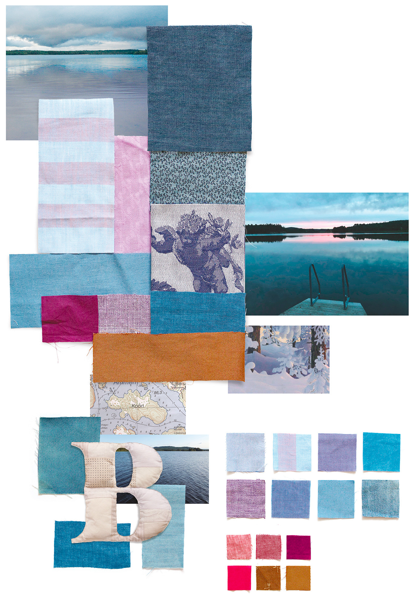 Moodboard et inspirations textiles bleues et mauves pour création de patchwork sur mesure